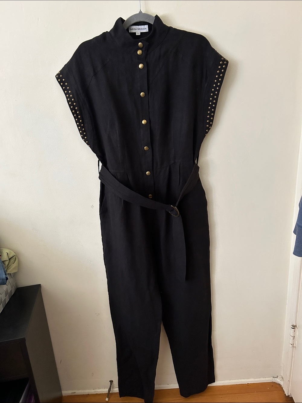 Karina Grimaldi Black Stud-Trim Utility Jumpsuit